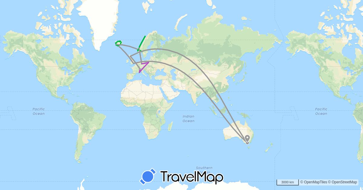TravelMap itinerary: driving, bus, plane, train in Australia, Switzerland, Germany, United Kingdom, Iceland, Monaco, Norway, Poland (Europe, Oceania)